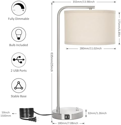 25" Tall Modern Bedside Lamp with USB C+A Ports, Fully Dimmable Table Lamp
