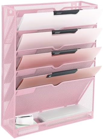 EASEPRES 6 Tier Mesh Hanging Wall File Organizer, Desk Vertical Mail Paper Document Folder Holder Rack with Bottom Tray and Nametag Label for Office Home School, Pink