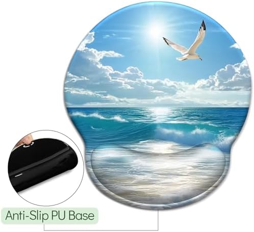 LIMKRIAN Beach Ocean Ergonomic Mouse Pad with Gel Wrist Rest, 9.8 x 8.6 in