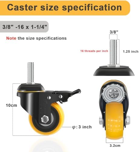 3 Inch Stem Caster Wheels 3/8 Threaded Casters Set of 4 Heavy Duty