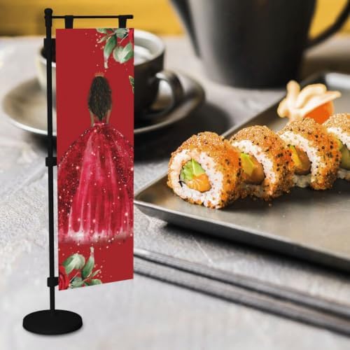 Red Roses Floral Brown Princess Dress Deluxe Desk Flag Set, 12 x 4 Inch Miniature Table Flag with 14" Pole & Stand Base