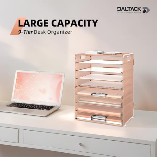 9-Tier Paper Organizer for Desk, Metal Letter Tray with Handles, Gold Rose