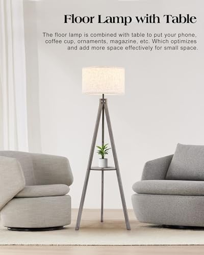 ELYONA Farmhouse Wood Tripod Floor Lamp with Table, Modern Reading Standing Lamp with 3 Color Temperatures LED Blub & Linen Shade, Shlef Coner Light for Living Room, Bedroom, Study Room, Office, Grey
