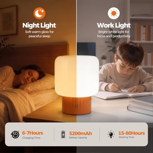 VOLISUN Mushroom Lamp, Cordless Rechargeable Table Lamp with Glass Shade, 3 Color Temperatures & Stepless Dimming, 5200mAh, Touch Control Bedside Lamps for Living Room, Bedroom, 1 Pack (Orange)