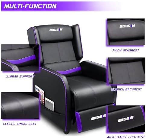 BOSSIN Gaming Recliner Chair for Adults 400lbs Racing Style Sofa Big and Tall PU Leather Recliner Seating, Modern Ergonomic Lounge Comfortable Home Movie Theater for Living Room(Purple)