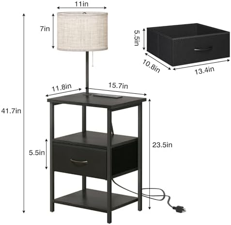 Fixwal Nightstand with LED Lights Bedside Table with 3 Color Temperatures Bulb, NightStand with Charging Station End Table with Adjustable Fabric Drawer for Bedroom Dorm, Black