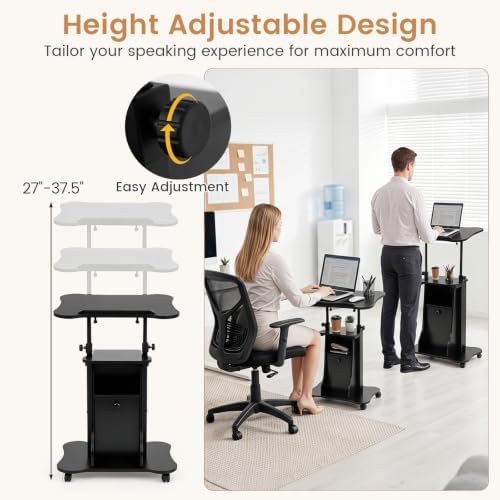 GIANTEX Mobile Podium Stand, Sit-to-Stand Laptop Cart (Black, 1 Pack)