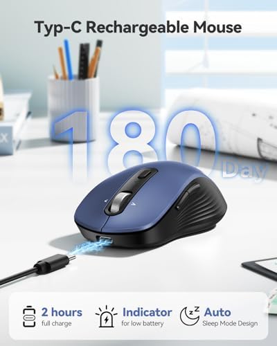 TECKNET Rechargeable Wireless Bluetooth Mouse with 4-Way Wheel, 3-Device