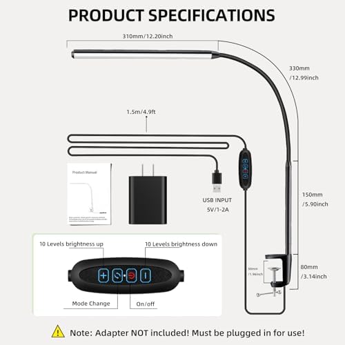Clip on Desk Lamp with Clamp,Dimmable Eye Caring Book Reading Light for Bed