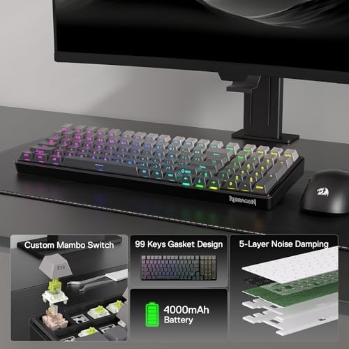Redragon K744 GB PRO 99 Keys Wireless Gasket RGB Gaming Keyboard, 3-Mode Mechanical Keyboard w/Hot-Swap Socket, Gradient PBT Keycaps & 5-Layer Noise Dampening, Custom Linear Switch