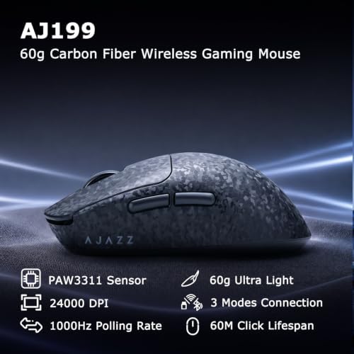 AJ199 Gaming Mouse, 60g Carbon Fiber Shell, Tri-Mode 2.4G/Bluetooth/USB-C