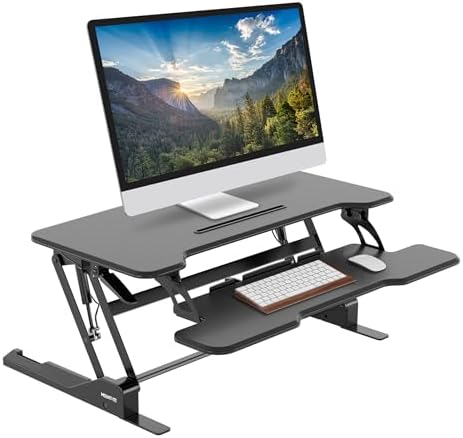 Mount-It! 38 Inch Standing Desk Converter - Gas Spring Sit Stand Desk Riser for Dual Monitors - Height Adjustable Desktop Workstation with Keyboard Tray - Black