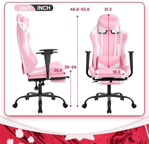 PC Gaming Chair with Footrest, Ergonomic Home Office Chair with Lumbar Support & Headrest Pillow, Pink
