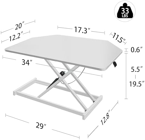 34 inch White Corner Height Adjustable Standing Desk Converter, One-Click Sit to Stand up Desk Riser, Pre-Assembled Dual Monitor and Laptop Workstation
