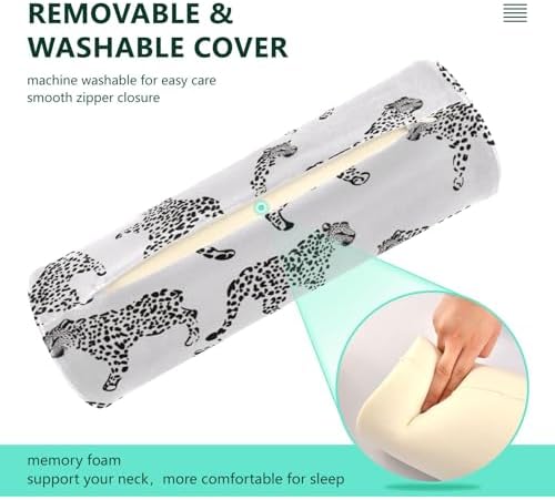 White Leopard Print Neck Roll Pillow - Extra Dense Memory Foam Round Cylinder Bolster for Cervical Support, Spondylosis, Neck Pain Relief