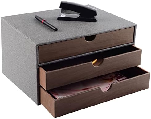 Cloth-effect Faux Leather Desk Organizer File Cabinet Executive Office Supplies Desktop Filing A4 Contract Document Stackable Storage Box with 3 Drawers (Grey)