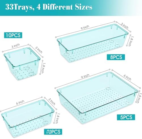 33 PCS Plastic Drawer Organizers Set, 4 Size Desk Drawer Organizer Trays