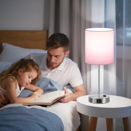 17.6" Pink Touch Lamps for Bedroom Set of 2 - Dimmable, USB C+A, AC Outlet