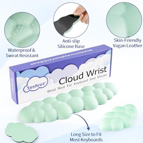 Sushret Cloud Wrist Rest Keyboard, Cloud Keyboard Wrist Pad Set with PU Leather Memory Foam, Cute Arm Rest for Palm Support, PC/Gaming Desk Accessories/Office Setup/Computer Hand Cushion - Light Green