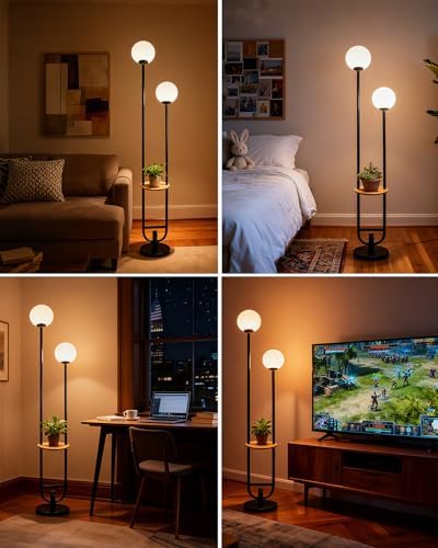 63IN 2-Globe Floor Lamp Dimmable Tall Standing Lamps with Table 3000K Warm White Unique Vintage Modern Mid Century Floor Lamp with 5Lbs Heavy Base for Living Room-Black