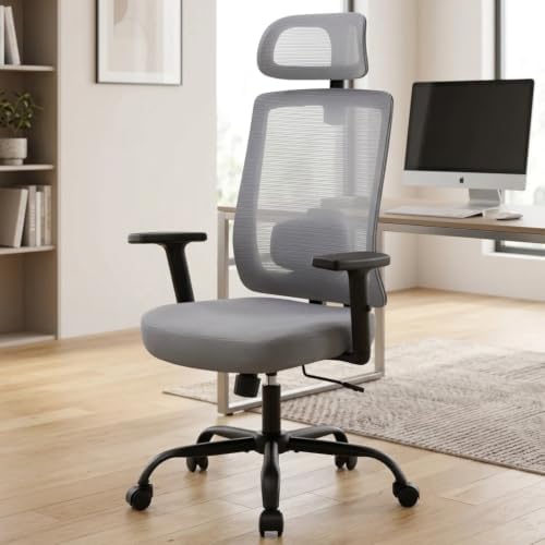 Ergonomic Office Chair, 330LBS Computer Chairs High Back with Adjustable Lumbar Support, Breathable Mesh Desk Chair Ergonomic with Thickened Cushion, Comfy Home Office Desk Chair, Gray