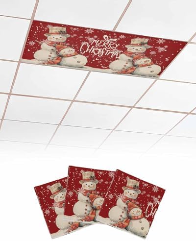 Snowman Red Magnetic Fluorescent Light Covers for Ceiling Lights 2 x 4 Feet,Vintage Christmas Snowflakes Watercolor Office Classroom Kitchen Drop Ceiling Light Covers Filters Shade Panel 3 Packs