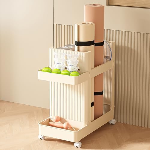 Yoga Mat Storage Rack, Home Gym Storage Rack Sports Workout Equipment Organizer with Wheels, Multifunctional Weight Rack for Pilates, Foam Roller, Resistance Band, Dumbbell