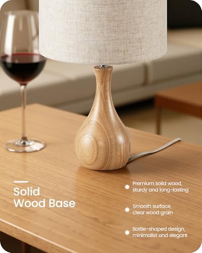 Small Table Lamp, Wood Desk Lamp with Beige Linen Lampshade & Natural Wood Bottle-Shaped Base, Modern Bedside Lamp with Cable, E26 Base, Bulb Not Included, for Bedroom, Kid's Room, ME09TL05