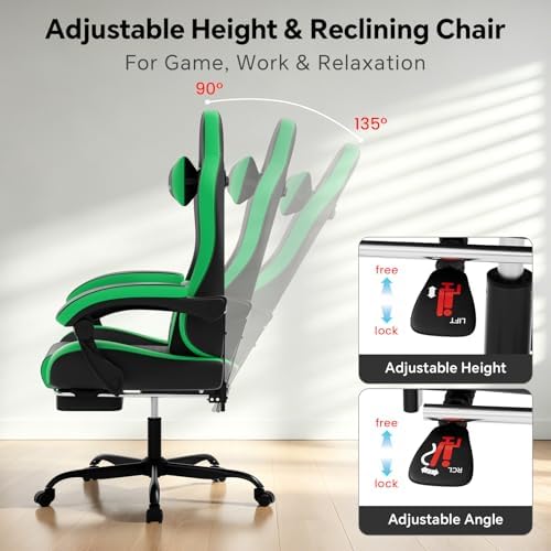 Gaming Chair, Computer Office Chair with Footrest, Adjustable Height & Backrest Gaming Chairs with Swivel for Adults, High Back PU Leather Ergonomic Chair with Lumbar Support, Blackgreen
