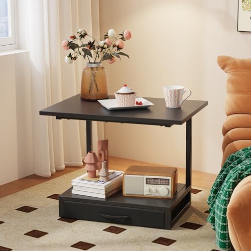 YAOHUOO 2-Tier Desktop Printer Stand with Fabric Drawer,19.6"x14.9" Black
