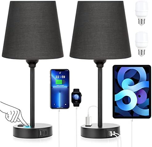 Black Bedside Lamps Set 2 for Bedroom - Dimmable Touch, USB C+A, AC Outlet