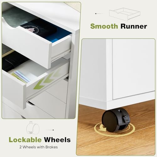Sweetcrispy 7 Drawer Rolling Storage Cabinet, Wood Under Desk Mobile Dresser with Wheels, Small Organizer Chest for Home Office, Bedroom, Living Room, Compact Vertical Storage Furniture Unit, White