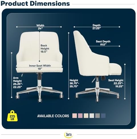 Serta Home Office Desk Chair with Low Padded Arms, Vanity Chair for Bedroom