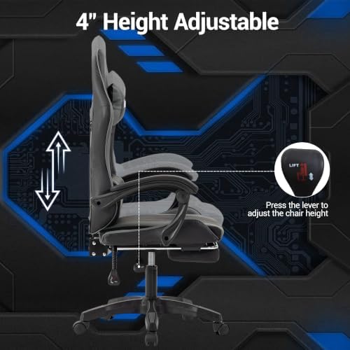 Ergonomic Gaming Chair with Footrest, Grey Black Video Game Chair w/Adjustable Headrest & Lumbar Support for Adults Kids, 360° Swivel for Home Office Bedroom Gaming Room, Grey&Black