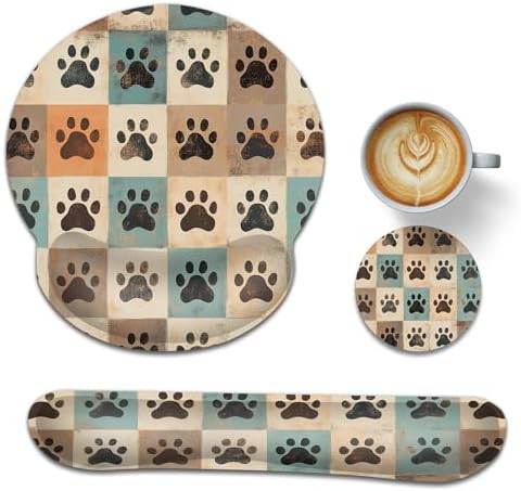 Cute Paw Print Ergonomic Memory Foam Wrist Rest Set for Keyboard and Mouse,Vintage Supportive Mouse Pad with Non Slip Base for Office Work and Gaming