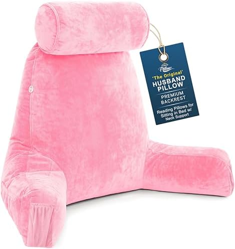 Husband Pillow Medium Reading Pillow with Arms - 23" Backrest for Sitting Up in Bed - Firm Support Bed Rest Pillow for Adults, Neck Roll, Removable Cover - TV, Reading, Lounging - Pink