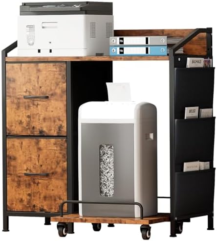 Printer Stand with Fabric Drawers, Lateral Office Filing Cabinets with Power outlets & USB Charging Port, File Cabinet with Large Printer Stands for Home Office, Shredder Stand (Rustic Brown)