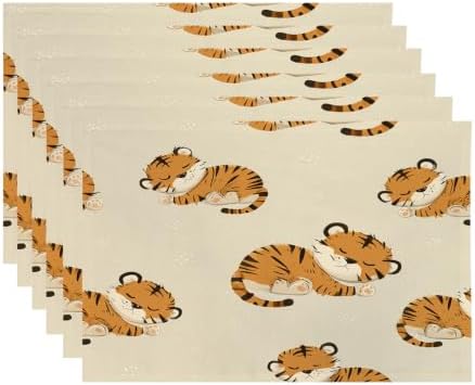 Cute Tiger in Tan Placemats, Sleeping Tigers Pattern Place Mats for Dining/Kitchen Table Waterproof Washable Linen Heat Insulation Dinner Table Mats 12X18 in 6 Pcs