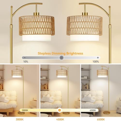 Gold Floor Lamps for Living Room Rattan Boho Floor Lamp with Remote Control & 3 Color Temperature, Dimmable Arc Floor Lamps Wicker Lamp Shades Brass Standing Lamp Tall Floor Lamp For Bedroom Corner