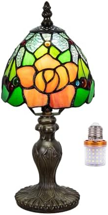 Small Tiffany Table Lamp, 3 Color-Temperature Roses Stained Glass Lamp,6 Inch Tiffany Style Lamp for Bedroom Living Room Home, Handcrafted Light, Included Bulb (Yellow)