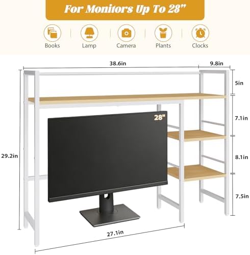 HavenlyYouth Desk Shelf, 38.6 Inch Wood Desk Organizer Shelf for Computer Monitor, Desk Hutch Storage, Desktop Shelf for Top of Desk, 3 Tier Desktop Bookshelf for Home Office Dorm, White