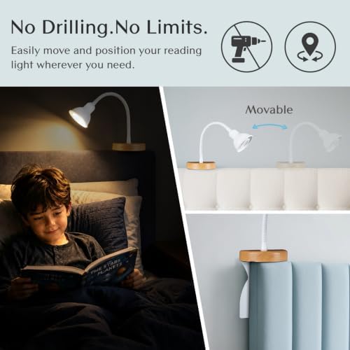 Solfres Patented Innovative Design Headboard Reading Light. No Drilling Golden Book Light for Bedtime Reading. Dimmable LED Book Reading Lamp with Bulb. Movable & Flexible, White