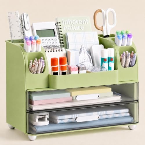 HBlife Desk Organizer with Pencil Pen Holder for Desk, Pen Organizer with 2 Drawers, Desk Organizers and Accessories with Compartments, Desktop Storage for Office, Home, School, Art Supplies, Green