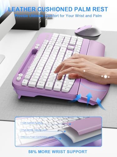 Hayyiesh Ergonomic Wave Keys Wireless Keyboard and Mouse Combo, Full Size with Memory Foam Wrist Rest & Phone Holder, 2.4G Cordless Set with USB-C Adapter for Windows Mac Desktop Laptop (Purple)