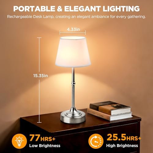 LUTEC Cordless Table Lamp, Battery Operated Lamp with 3 Color Temps and Stepless Dimming, 5200mAh Portable Rechargeable Table Lamp for Restaurant/Bedroom/Bars/Outdoor (Silver)