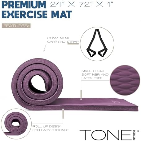 Tone Fitness 1" Extra Thick Yoga Mat, Exercise & Pilates Mat with Strap