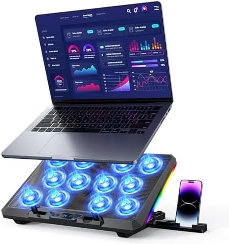 Laptop Cooling Pad with 12 Quiet Fans, Slim Portable for 12-17.3 Inch Laptop Cooler Stand, RGB Lighting, with 5 Height Adjustable, Gaming Cooling Fan Pad,Two USB Ports, Phone Holder (LCD)