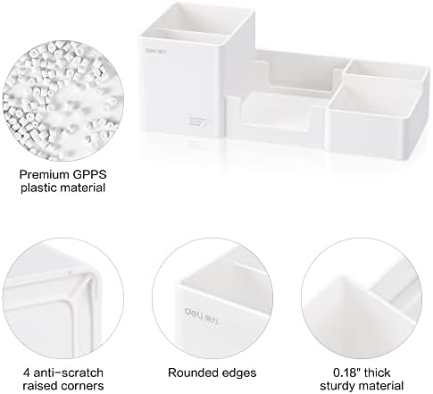 deli Desk Organizer, Plastic Desktop Organizer with Pencil Holder and Sticky Note Tray, Office Stationery Supplies Organizers Accessories Caddy, 6 Compartments, White