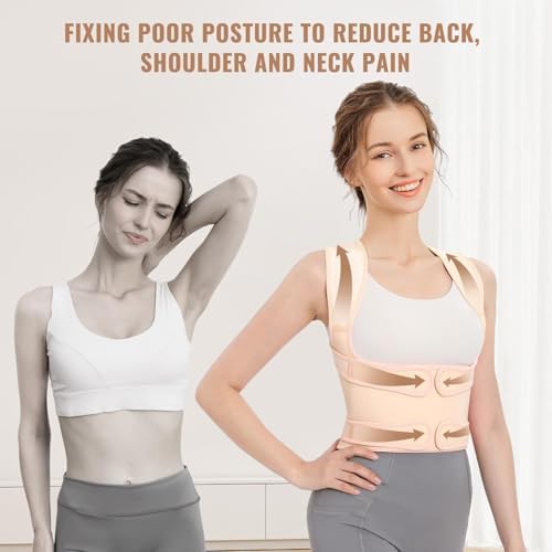 Back Brace Posture Corrector for Women and Men, Shoulder Straightener, Adjustable Full Back Support, Relief for Neck/Shoulder/Back Pain, Scoliosis & Hunchback Correction, Breathable Mesh Design (Beige, Medium/Large (Waist 33"-40"))