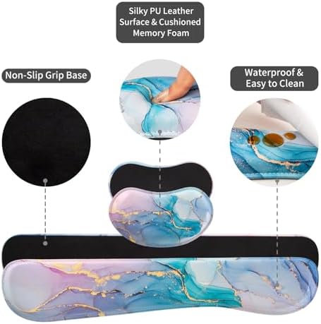 QiyI PU Leather Desk Mat Set, 4-in-1 Ergonomic Wrist Rest, Blue Pink Fluid